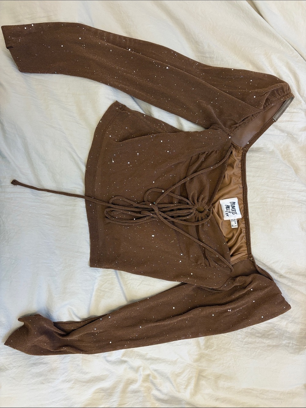Princess polly Brown off shoulder Lace-Up Long Sleeve Crop Top